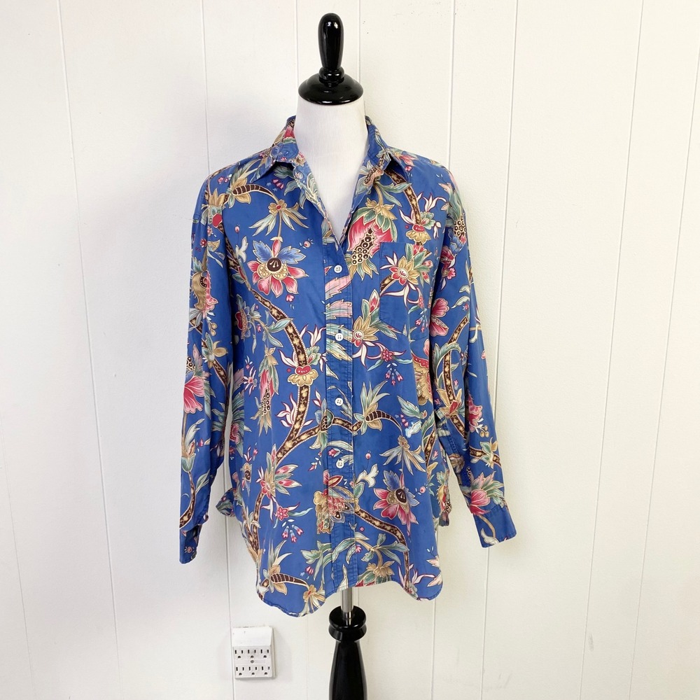 Ralph Lauren Blue Floral Paisley Cotton Button Down Shirt Women's Size 8 Medium